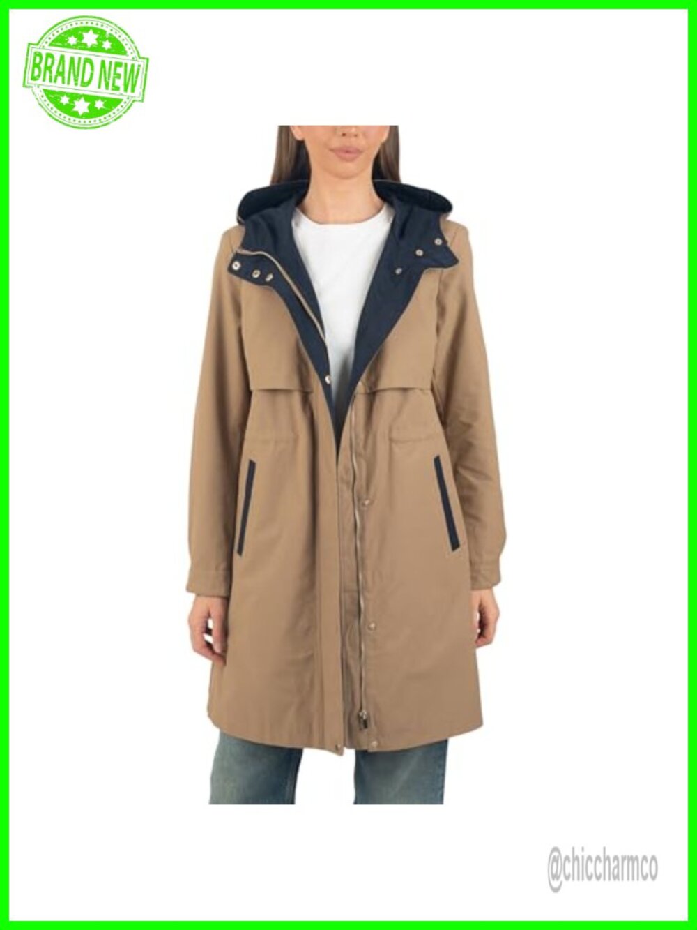 Womens Water Resistant Hooded Long Rain Jacket Trench Coat Windbreaker